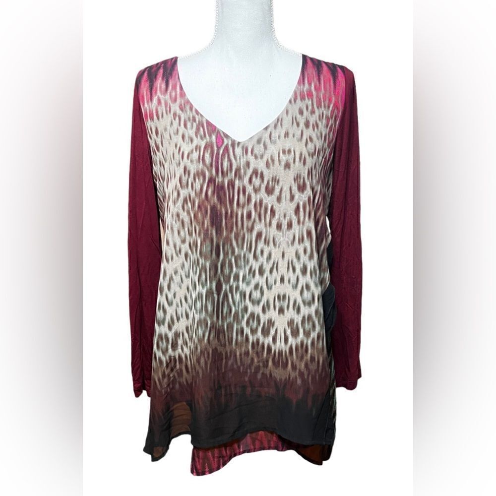 Poeme By Citron Size L Red Top Tunic Draped Sheer Chevron Leopard‎ Print Flowy